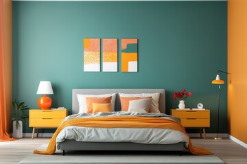 Bedroom interior. Bed. 3d illustration. Generative AI