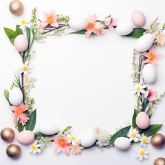 Naklejka na ściany i meble Easter eggs border. Happy Easter concept with easter eggs and flowers. Easter frame with eggs and flowers. Copy space. Greeting card.