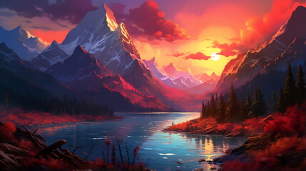 A mountains and a lake with a sunset, generative ai
