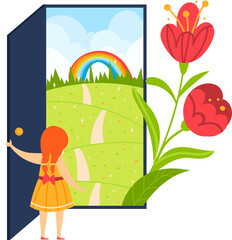 Little girl in an orange dress opening a door to a sunny meadow with a rainbow. Child entering a magical world with flowers vector illustration.