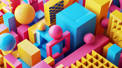  Isometric 3D background with geometric shapes in vibrant colors. - obrazy, fototapety, plakaty