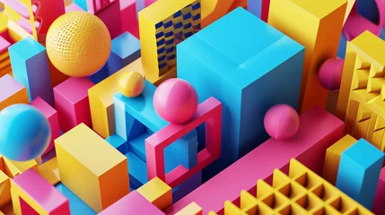 Gordijnen  Isometric 3D background with geometric shapes in vibrant colors. © Dorido