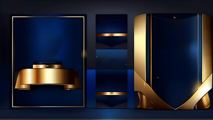 Dark Blue Golden Royal Awards Graphics Background. Lines Growing Elegant Shine Spark. Luxury Premium Corporate Abstract Design Template.