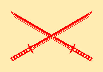 Red cross katana sword samurai ronin on vintage brown background japanese style flat vector icon design