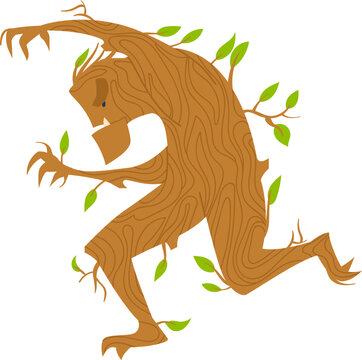 Stylized wooden creature with leaves resembling a mythical ent. Natural spirit concept, magic forest guardian. Eco-themed fantasy being vector illustration.