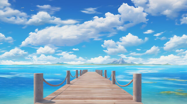 a boardwalk with two wooden boards into water and blue ocean, generative AI