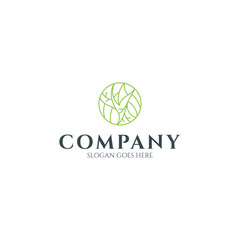Abstract logo line art leaves in circle emblem