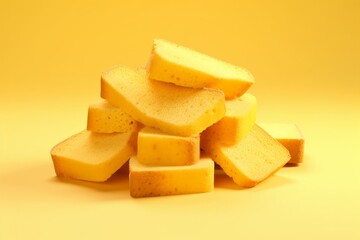 Cornbread Slices, Moist and Golden, Arranged on an Isolated Yellow Canvas, Generative AI