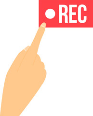 Hand pressing red record button. Recording concept with finger and REC sign. Multimedia and video production vector illustration.