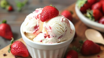 Creamy ice cream topped with sweet strawberries.