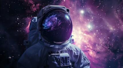 Astronaut in space with stars, a galaxy, a purple and blue nebula, and galaxies reflected in his helmet