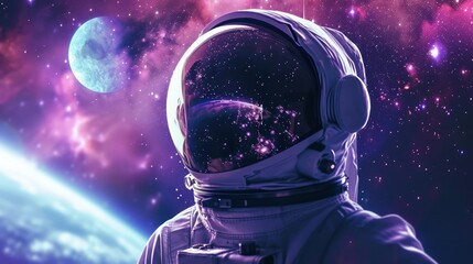 Astronaut in space with stars, a galaxy, a purple and blue nebula, and galaxies reflected in his...