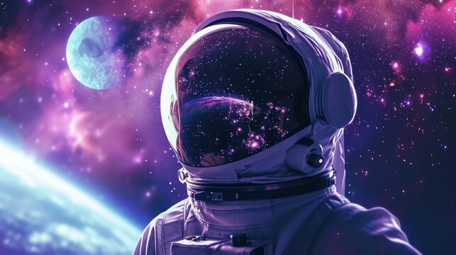 Astronaut in space with stars, a galaxy, a purple and blue nebula, and galaxies reflected in his helmet