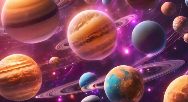 The planets of the solar system are depicted in a psychedelic galaxy of planets