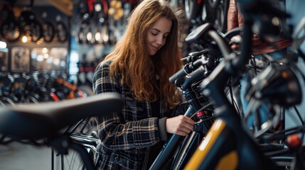 Fototapeta na wymiar Female looking at electric bikes in a cycle store. Urban lifestyle concept.