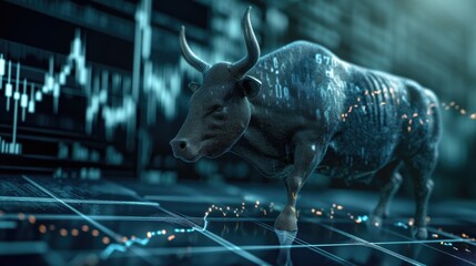 Bull in stock market trading investment stick graph. Finance and economy concept. - obrazy, fototapety, plakaty