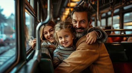 Happy family in a modern train. Family trip concept. - obrazy, fototapety, plakaty
