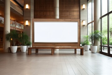 Modern bright interiors apartment with mockup poster frame, Clean exhibition hall interior with an empty white poster on concrete wall, city view, and daylight. Gallery concept. Generative AI
