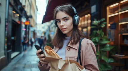 Pretty modern female with headphones and smartphone in hands holding paper bag with food while leaving coffee shop.
