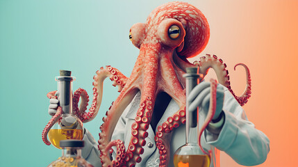 Obraz premium Curious Octopus in Lab Coat with Tubes