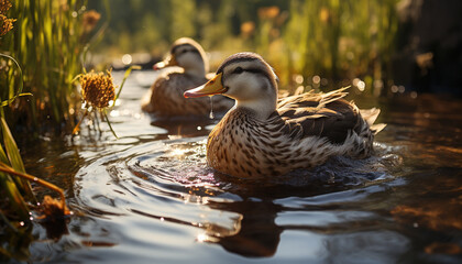 A cute duckling in the pond, surrounded by nature beauty generated by AI - 718490799