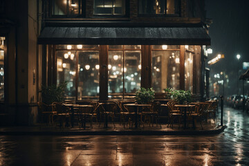 A cafe seen from the outside at night and rain without people