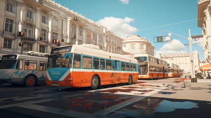 Fototapeta premium buses driving down a city street. Generate Ai