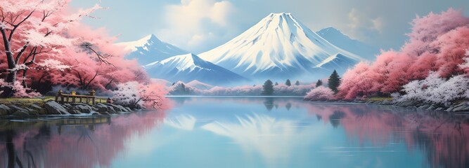 Panele Szklane  Mount Fuji with its snowy peak behind the plants and decorated cherry trees beside it. generative Ai