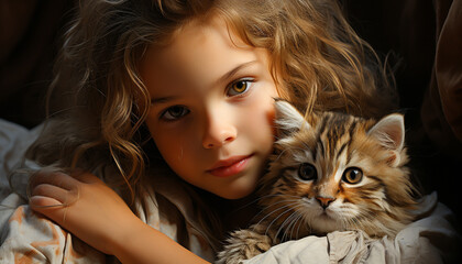 Cute child embraces small kitten, smiling in portrait of happiness generated by AI