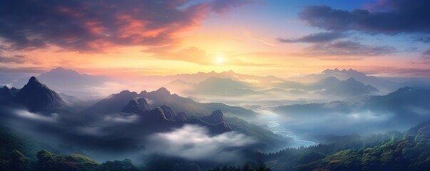 Fototapeta na wymiar View of the mountains in the morning. generative AI
