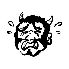 泣く鬼の和風ベクターイラスト（白黒）。