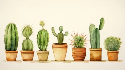 Poster Kaktus im Topf A watercolor style, minimal cartoon illustration of different cactuses, green, craft paper.