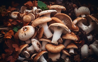 Pile of fresh mushrooms in photo on dark background. generative AI