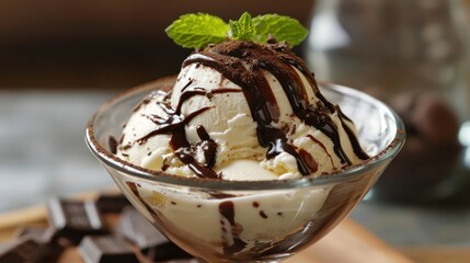 Sweet creamy ice cream with chocolate, presented as a delectable dessert.