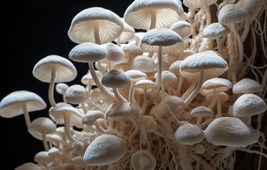 Some mushrooms are white in the photo on a black background. generative AI