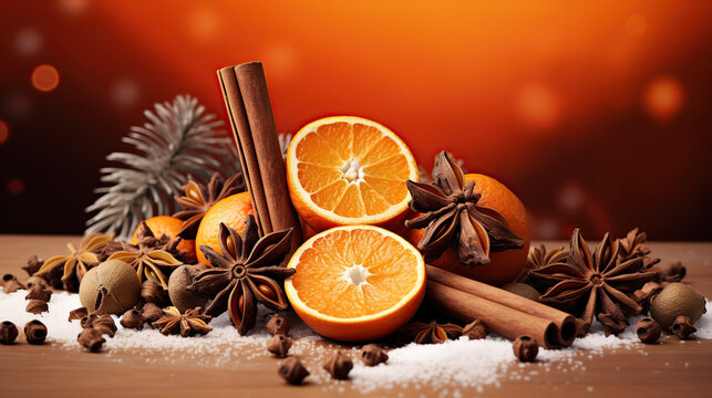 Slices of dried orange, cinnamon sticks, and star anise are strategically placed on a rustic wooden surface