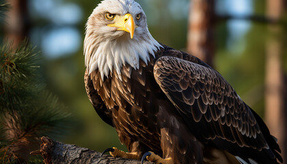 Majestic bald eagle perching on branch, nature beauty in focus generated by AI