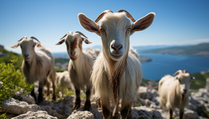 Obraz premium Cute animals grazing on green meadow, standing in front view generated by AI