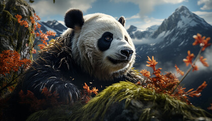 Cute panda in the wild, eating bamboo in tranquil forest generated by AI