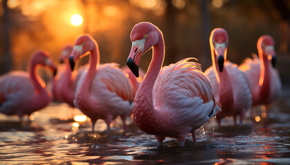 A vibrant sunset reflects the beauty of nature elegant creatures generated by AI