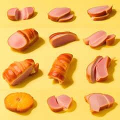 sliced sausage, ham with slices on yellow backgrounds, top view