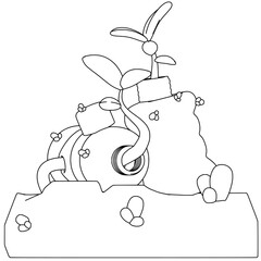 Plants grow through plastic bottles line art. Vector illustration with sustainability theme and line art style.