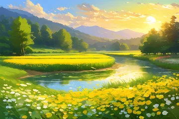 Fotobehang landscape with lake and flowers © DAKOTA