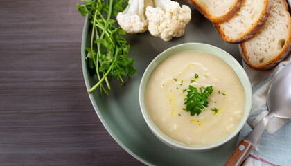 Cream of Cauliflower Soup with Green Herbs and bread; healthy eating; diet