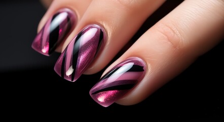 a clean woman's hand with nails painted in a beautiful pattern. Nail art
