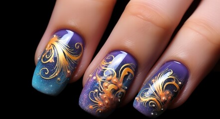 a clean woman's hand with nails painted in a beautiful pattern. Nail art
