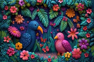 A whimsical painting of a colorful jungle filled with friendly animals, perfect for a child's room 