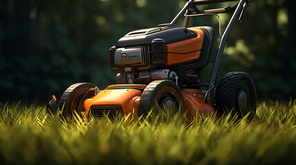 a lawn mower on the grass in a garden, generative ai
