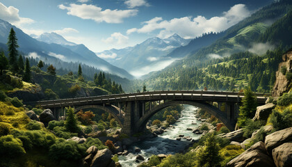 Mountain range, forest, bridge, man made structure, water, sky, grass, tree, sunset generated by AI