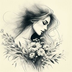 Fototapeta premium Dreamy Black And White Portrait Drawing of Woman with Flowers in Soft Artistic Style
